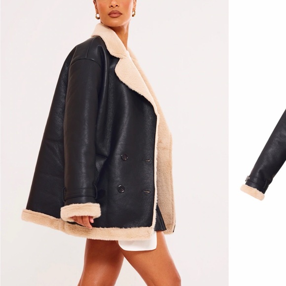 PrettyLittleThing Black and Cream Leather Jacket - Picture 2 of 4